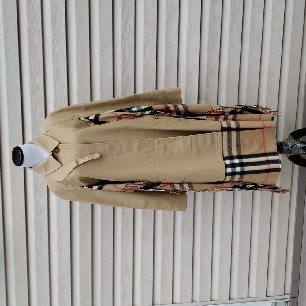BURBERRY HONEY COTTON GABARDINE CAR COAT TRENCH WITH CASHMERE CHECK SCARF DETAIL - Picture 5 of 14